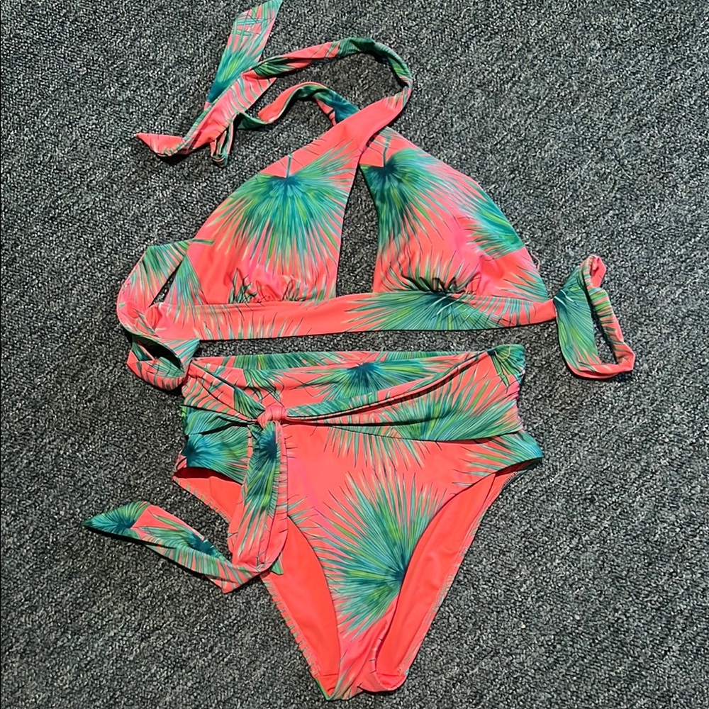 Victoria's Secret Coral Green Bikini resort vacation sexy palm high waist tummy